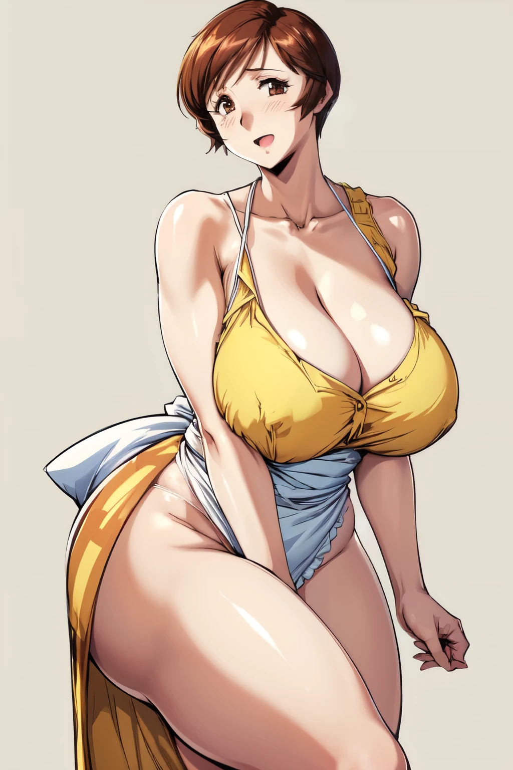 masterpiece, Highest quality, High resolution, One girl, alone, sexual intercourse, Pornographic images, short hair, etsukoto, Brown eyes, fine grain, fine grain, (white skin color), (((Thick thighs, Plump thighs, Voluptuous thighs, Thighs alone are enough))), ((Huge and enough breasts, Cleavage, Big long breasts)), Naughty big,((Big breasts are important))、((Naughty thighs)), L Cup, (thin:1.4),(Tight waist:1.4), (Yellow Dress:1.4), ((white waist apron)), ((White panties)), (((Simple Background))), smile, Open your mouth, ((Wide Hips)), (Shiny skin, Oily skin), Mature mother, Calf, Seductive mature woman, Mature Woman, Perfect body, Plus Size Model, Curvy, enough, etsukoto, blush, clavicle, retro artstyle, 1990s (style), (Thick thighs:1.4), (from side:1.2), ((bare legs)),