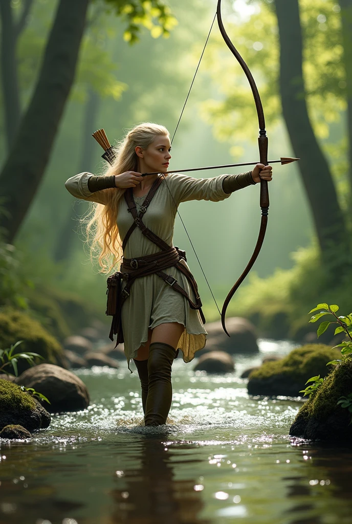 (best quality,8K,highres,masterpiece:1.2), ultra-detailed, realistic, photorealistic:1.37, fantasy, full body shot, elf woman, archer, long blond straight hair, light archer's outfit, wading in a forest stream, aiming with long bow, Realistic,Photorealism