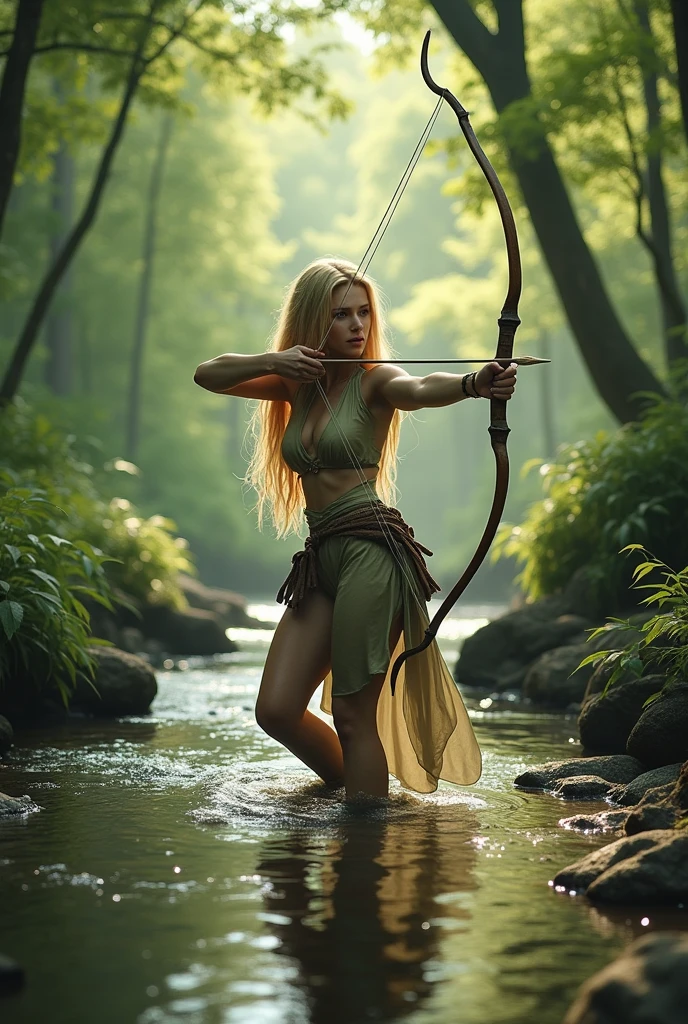 A captivating female elf with golden hair cascading down her back, wearing a skimpy outfit made of shimmering silk and adorned with intricate jewelry. She stands beside a crystal-clear forest stream, her bare feet touching the cool water as she plays an enchanting melody on a lyre. The dense forest around her is alive with magical creatures peeking through the foliage, while the mist rising from the ground adds an aura of mystique and allure to the scene. Aim for realistic depiction, make sure photos are at highest resolution (8K)