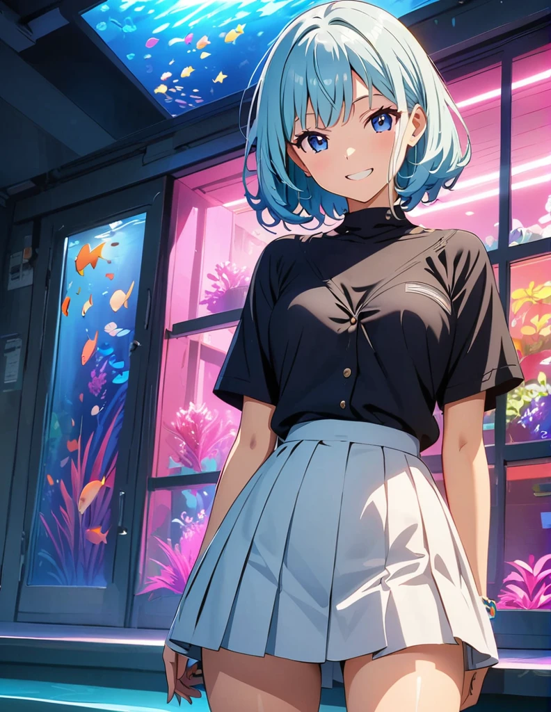 (anime artwork, anime style, studio anime, very detailed, up to date, vibrant, Anime Coloring, high contrast, masterpiece:1.2, best quality, best aesthetics),1 girl, Medium chest, A glimpse of thighs,happy,aquarium, smile, summer clothes,