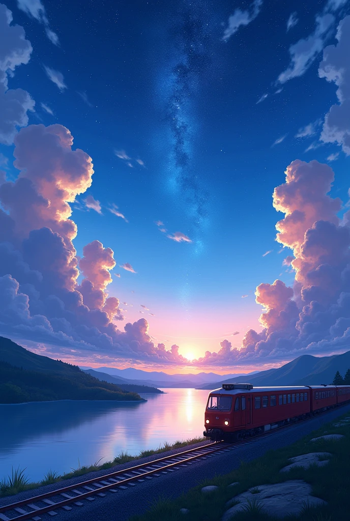 High quality masterpieces, landscapes, clouds, anime train passing water bodies on railway tracks in the distance, bright starry sky. traveler, romantic lights, pixiv, concept art, lofi art style, reflection. Makoto Shinkai, rophy art, beautiful anime scenes, anime scenery, detailed scenery — width 672, Makoto Shinkai's style, Makoto Shinkai's style, enhanced details.