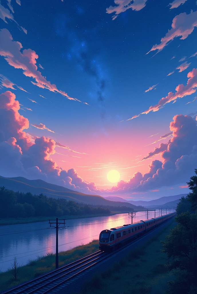 High quality masterpieces, landscapes, clouds, anime train passing water bodies on railway tracks in the distance, bright starry sky. traveler, romantic lights, pixiv, concept art, lofi art style, reflection. Makoto Shinkai, rophy art, beautiful anime scenes, anime scenery, detailed scenery — width 672, Makoto Shinkai's style, Makoto Shinkai's style, enhanced details.