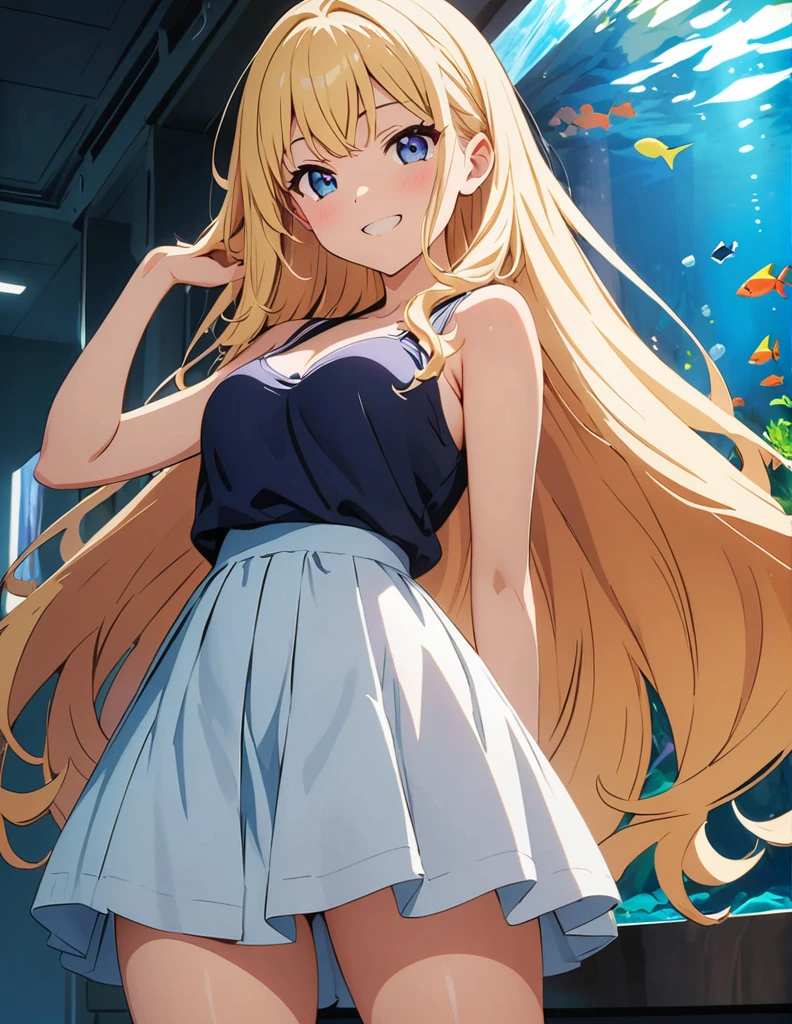(anime artwork, anime style, studio anime, very detailed, up to date, vibrant, Anime Coloring, high contrast, masterpiece:1.2, best quality, best aesthetics),1 girl, Medium chest, A glimpse of thighs,happy,aquarium, smile, summer clothes,