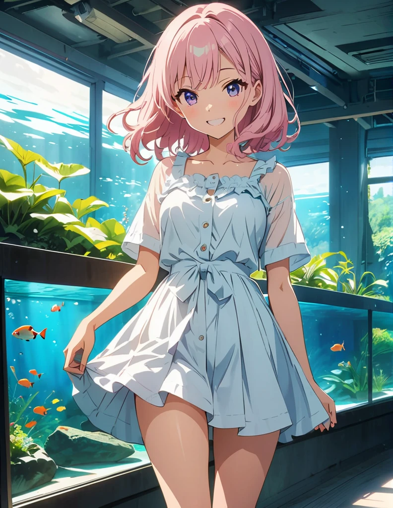 (anime artwork, anime style, studio anime, very detailed, up to date, vibrant, Anime Coloring, high contrast, masterpiece:1.2, best quality, best aesthetics),1 girl, Medium chest, A glimpse of thighs,happy,aquarium, smile, summer clothes,