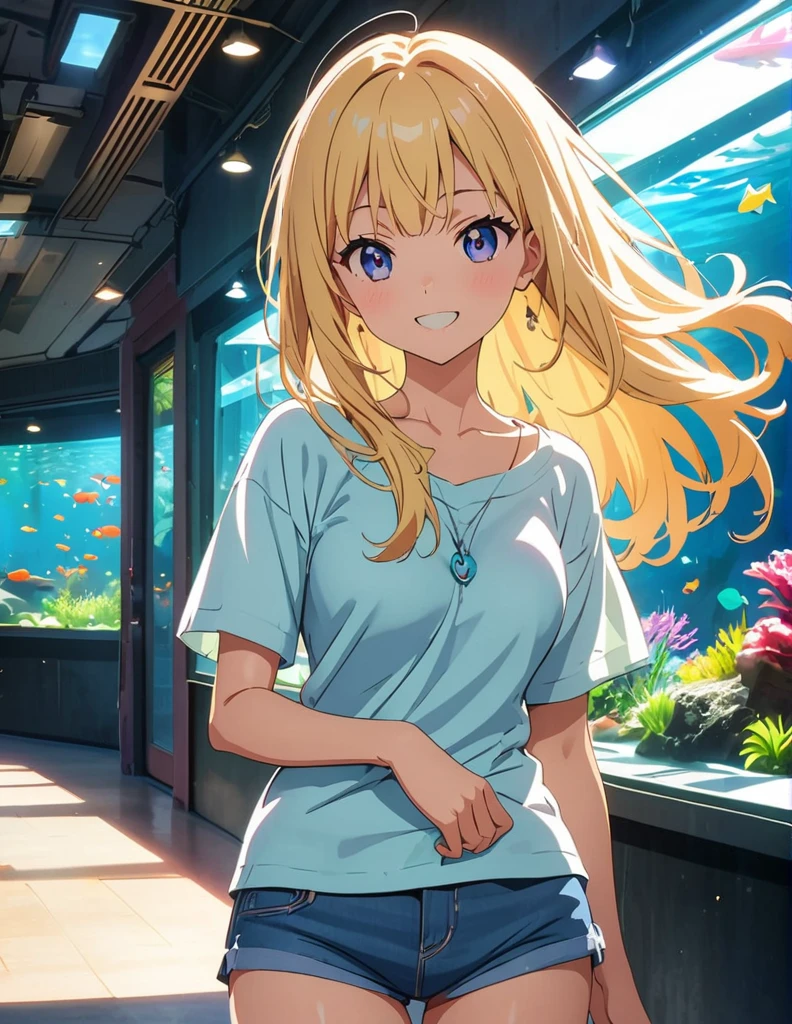 (anime artwork, anime style, studio anime, very detailed, up to date, vibrant, Anime Coloring, high contrast, masterpiece:1.2, best quality, best aesthetics),1 girl, Medium chest, A glimpse of thighs,happy,aquarium, smile, summer clothes,