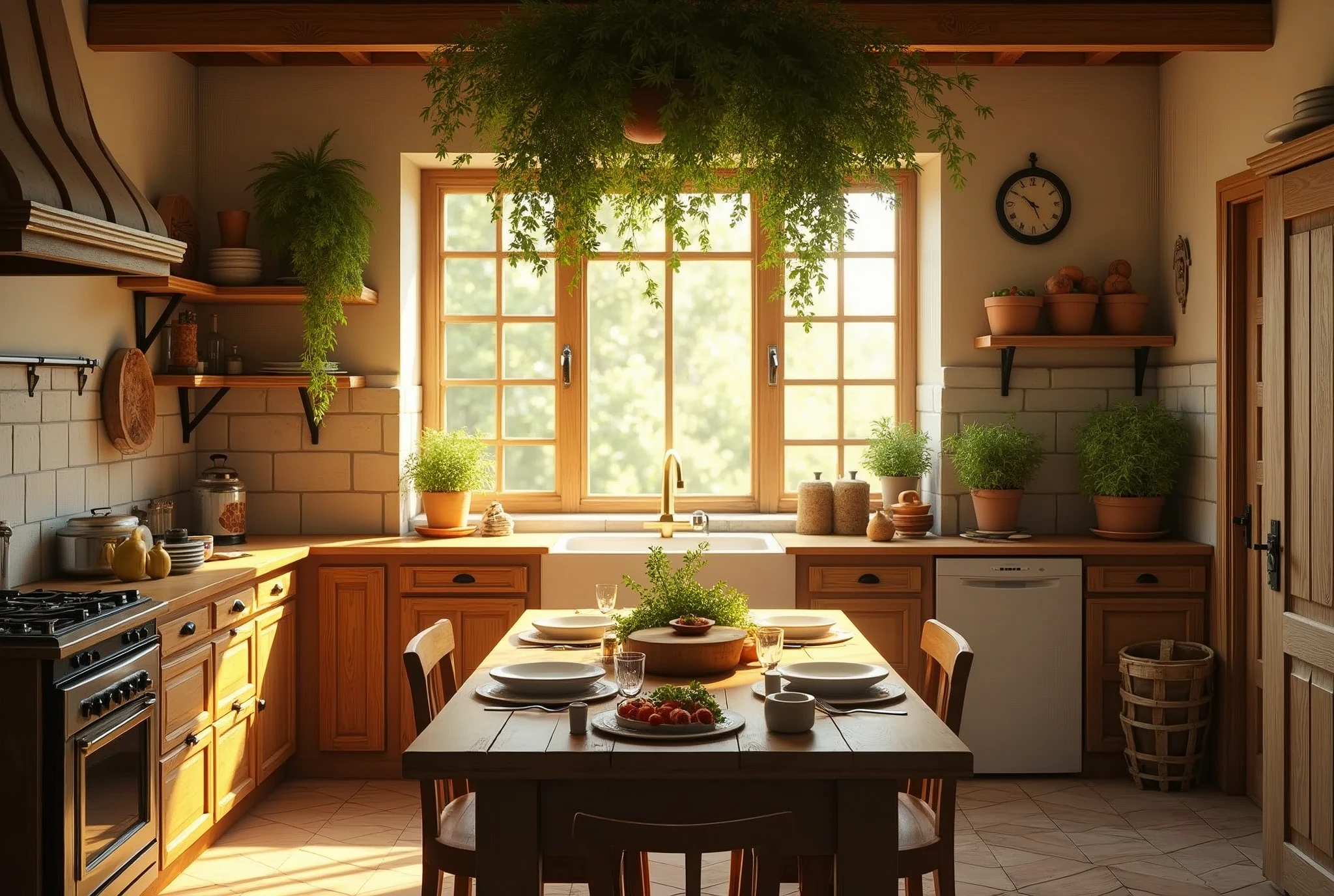 A cozy, rustic kitchen in a countryside cottage, with sunlight streaming through the window, fresh herbs hanging, and a wooden table set.