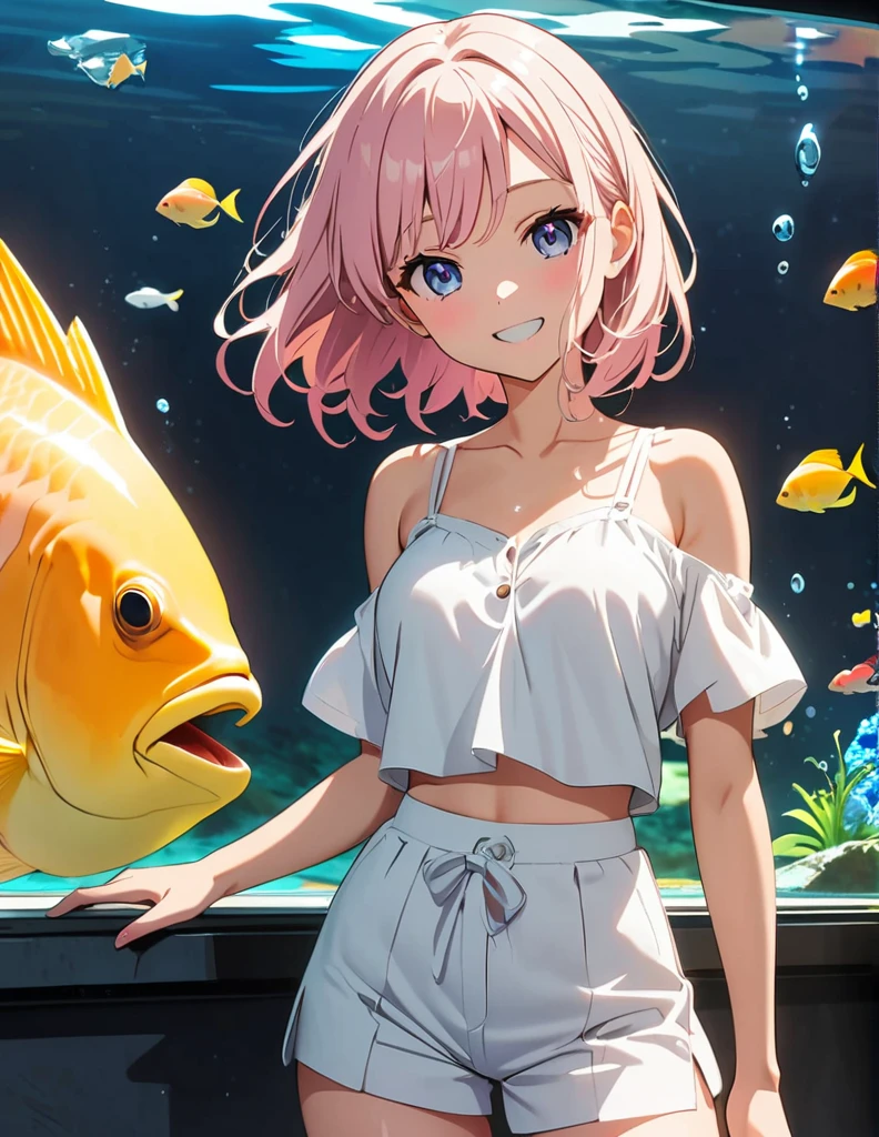 (anime artwork, anime style, studio anime, very detailed, up to date, vibrant, Anime Coloring, high contrast, masterpiece:1.2, best quality, best aesthetics),1 girl, Medium chest, A glimpse of thighs,happy,aquarium, smile, summer clothes,