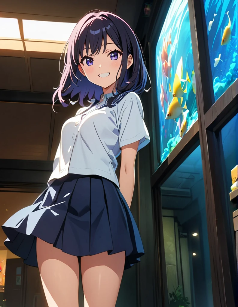 (anime artwork, anime style, studio anime, very detailed, up to date, vibrant, Anime Coloring, high contrast, masterpiece:1.2, best quality, best aesthetics),1 girl, Medium chest, A glimpse of thighs,happy,aquarium, smile, summer clothes,