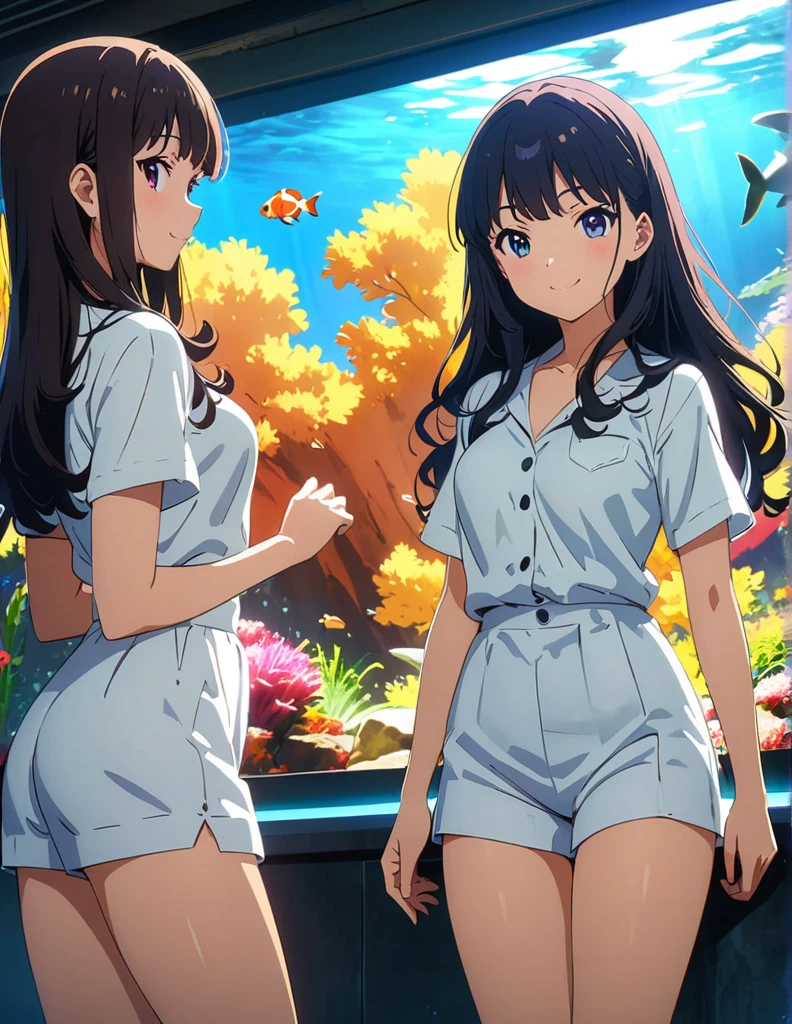 (anime artwork, anime style, studio anime, very detailed, up to date, vibrant, Anime Coloring, high contrast, masterpiece:1.2, best quality, best aesthetics),1 girl, Medium chest, A glimpse of thighs,happy,aquarium, smile, summer clothes,