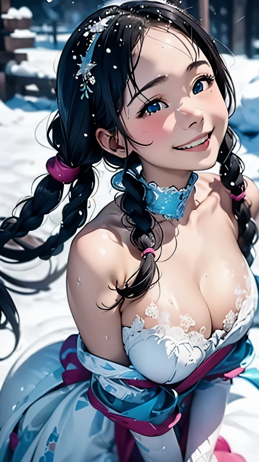 (masterpiece、Highest quality、Highest quality、Official Art、Beautiful and beautiful:1.2)、(One personの女性:1.3)、Twin tails、Moderate bust、Blue Hair、Snow Scene、Snow powder、Smiling face close-up、Glossy Lips、Shining Eyes、Snow Lady、Snow costume、Cosplay、(Real、High resolution)、(One personの女性)、Snow Lady、Close-up eyes、Japanese women、(Highest quality)、(Tabletop)、(One personの女の子)、One person、Beautiful girls、Perfect Face、dream-like、Very detailed airbrush art((Surreal))、Volumetric Lighting、(Highest quality)、Super detailed、(Structure of movement:1.4)、Very complex and colorful details、(Bright lighting)、moving composition、Ray Tracing、The mirror reflects light、Shallow depth of field、Super detailed、Exposure Blending、Hum、Her eyes shine deeply pink、Snow falling in the background、