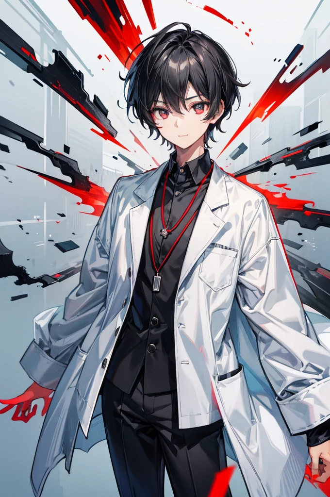 Highest quality, 16K, masterpiece :1.3　Ultra-high resolution　No abnormalities in detail　Detailed face　boy　Male　neutral　cool　Small stature　Black hair that reaches down to the eyes　Black and red odd eyes　Detailed Eyes　Wearing a doctor's lab coat　Black shirt　A red jewel necklace around the neck　Looking at me　A relaxed smile　Detailed face　　No background　Burning sleeves of a white coat　Soft Eyes　Cool vibe　　Black trousers　Tree Eyes　Occupation: Doctor　whole body　low length　　