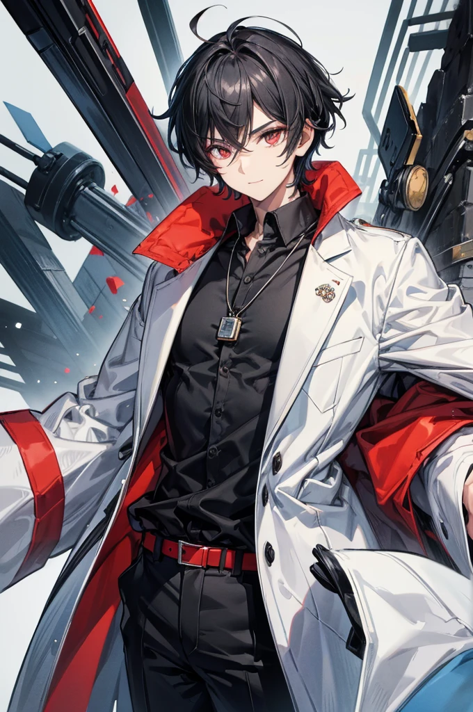 Highest quality, 16K, masterpiece :1.3 Ultra-high resolution No abnormalities in detail Detailed face boy Male neutral cool Small stature Black hair that reaches down to the eyes Black and red odd eyes Detailed Eyes Wearing a doctor's lab coat Black shirt A red jewel necklace around the neck Looking at me A relaxed smile Detailed face No background Burning sleeves of a white coat Soft Eyes Cool vibe Black trousers Tree Eyes Occupation: Doctor whole body low length