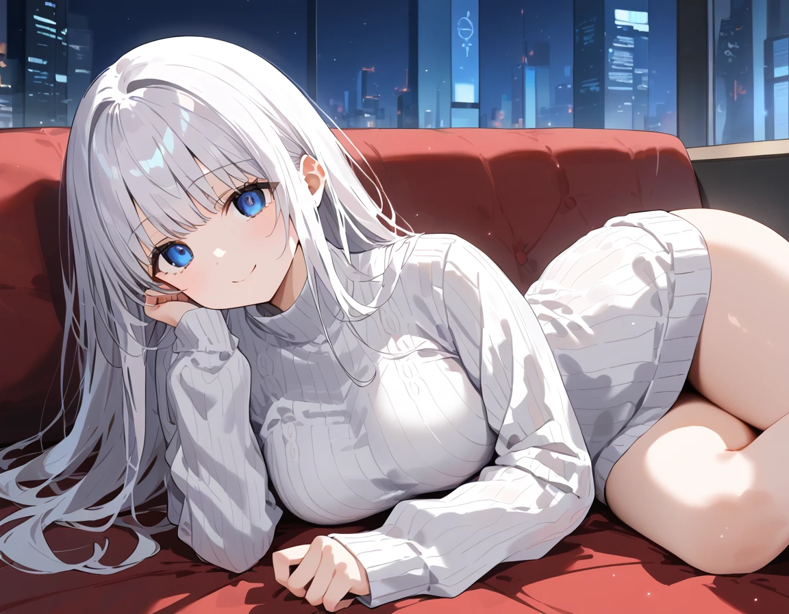 anime style, front view, oval face, Fair skin, Blue eyes blend black, white hair, long hair, medium chest, white sweater, Slanted eyes, small smile, Lying, future bedroom, Volumetric light, Volumetric particles,