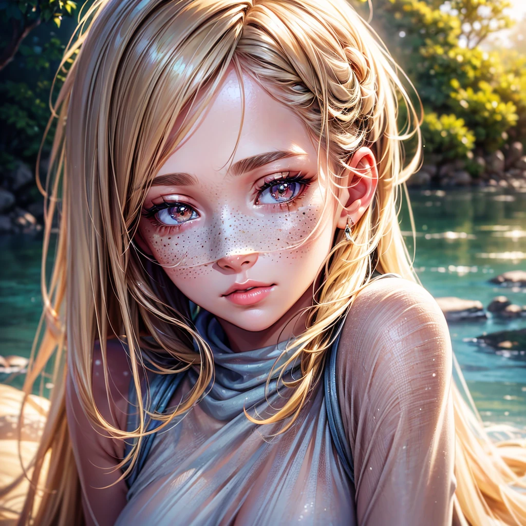 a beautiful girl with irregularly distributed light-colored freckles on the cheekbones, detailed facial features, long eyelashes, warm and soft skin, glowing skin, natural lighting, realistic, detailed, photorealistic, 8k, high quality, digital painting, soft colors, warm tones, natural lighting, peaceful, serene
