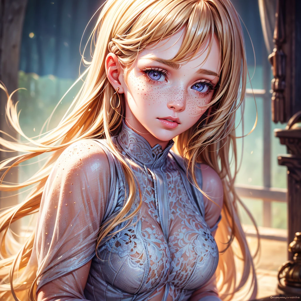a beautiful girl with irregularly distributed light-colored freckles on the cheekbones, detailed facial features, long eyelashes, warm and soft skin, glowing skin, natural lighting, realistic, detailed, photorealistic, 8k, high quality, digital painting, soft colors, warm tones, natural lighting, peaceful, serene