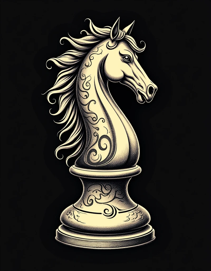 a chess piece, O cavalo, like an old school tattoo style.