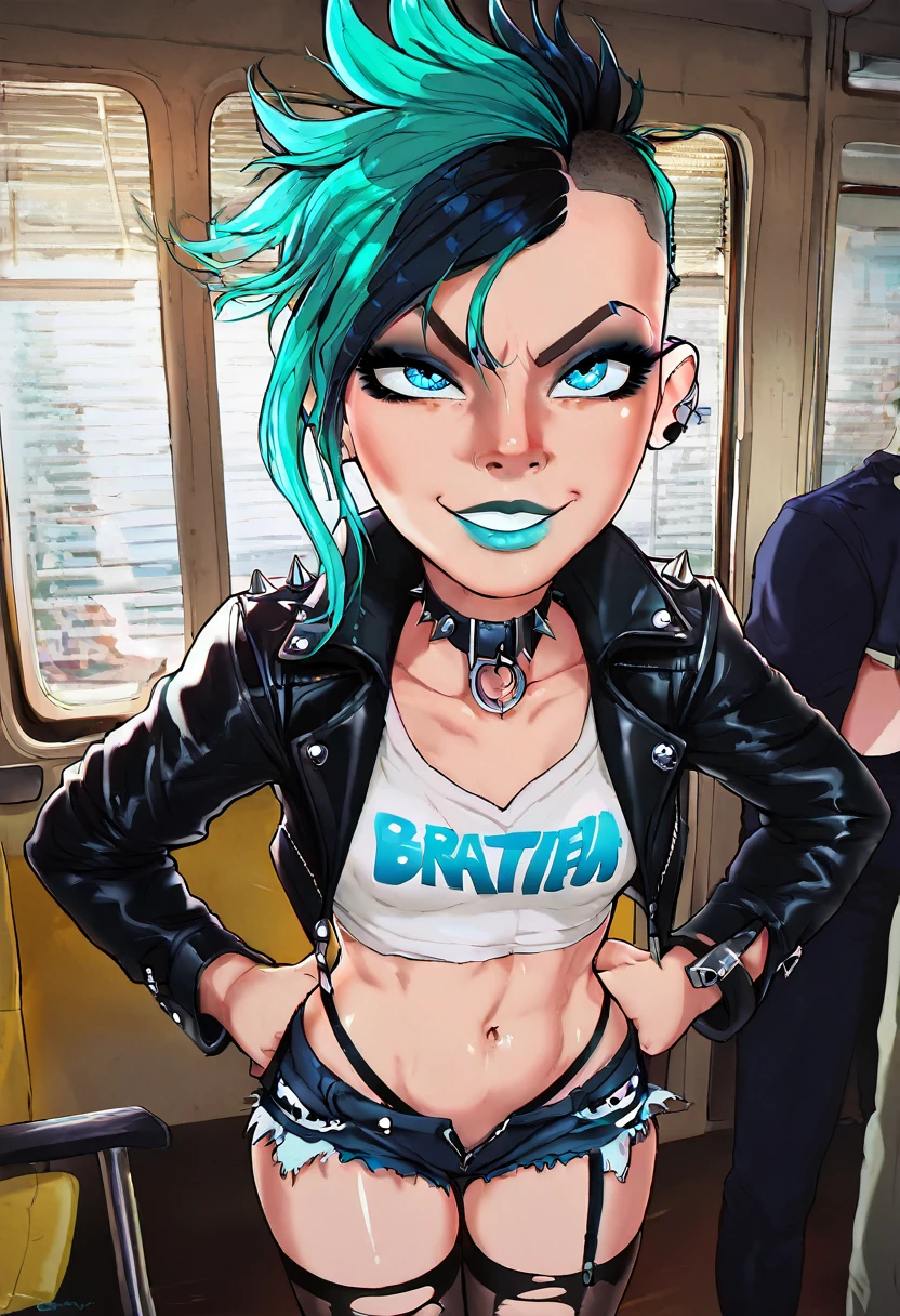 rating_safe, score_8_up, score_7_up, score_6_up, uncensored, shiny skin, small breasts, pale skin, cute face, kid-like proportions, big eyes, (((half-shaven head, cyan-black-dyed hair, eye-covering bang))), tiny prepubescent slutty young punk-girl standing inside bus looking up at viewer, POV looking down on small girl, strapped boots, ripped nylon stockings, short hotpants, cropped punkrock-T-shirt with mesh-sleeves, open leather jacket choker, big amazing eyes, slightly annoyed smile, subtle smirk, friendly, heavy eyeshadow, negative hands, low light, short prepubescent child, dark blue lip gloss, hands on hips, detailed bus interior background