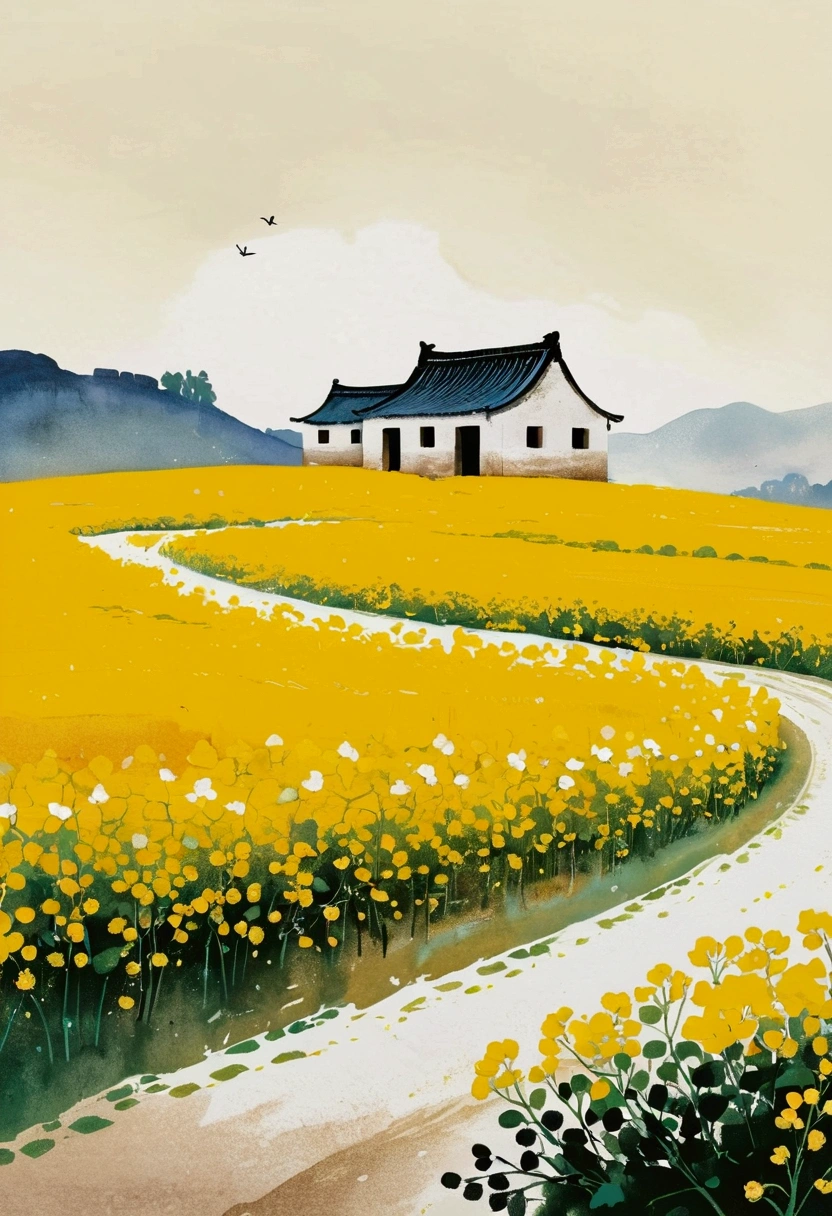 (((Negative Space:2,大面积blank:2, Bottom left corner composition)))。Sky occupies 3%/4，75%blank.Chinese Ink Painting Sketch：Light Ink，Lowercase，Sketching，artistic conception:2.Dot，A small Anhui-style house in a field of rapeseed flowers，Minimalism，White background。