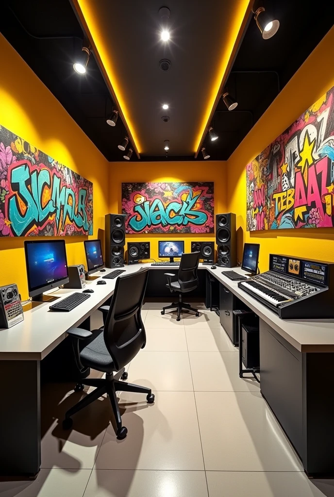 Create a modern young business style music studio, with yellow and gray colors, colorful graffiti on the wall, and references to music and graffiti.