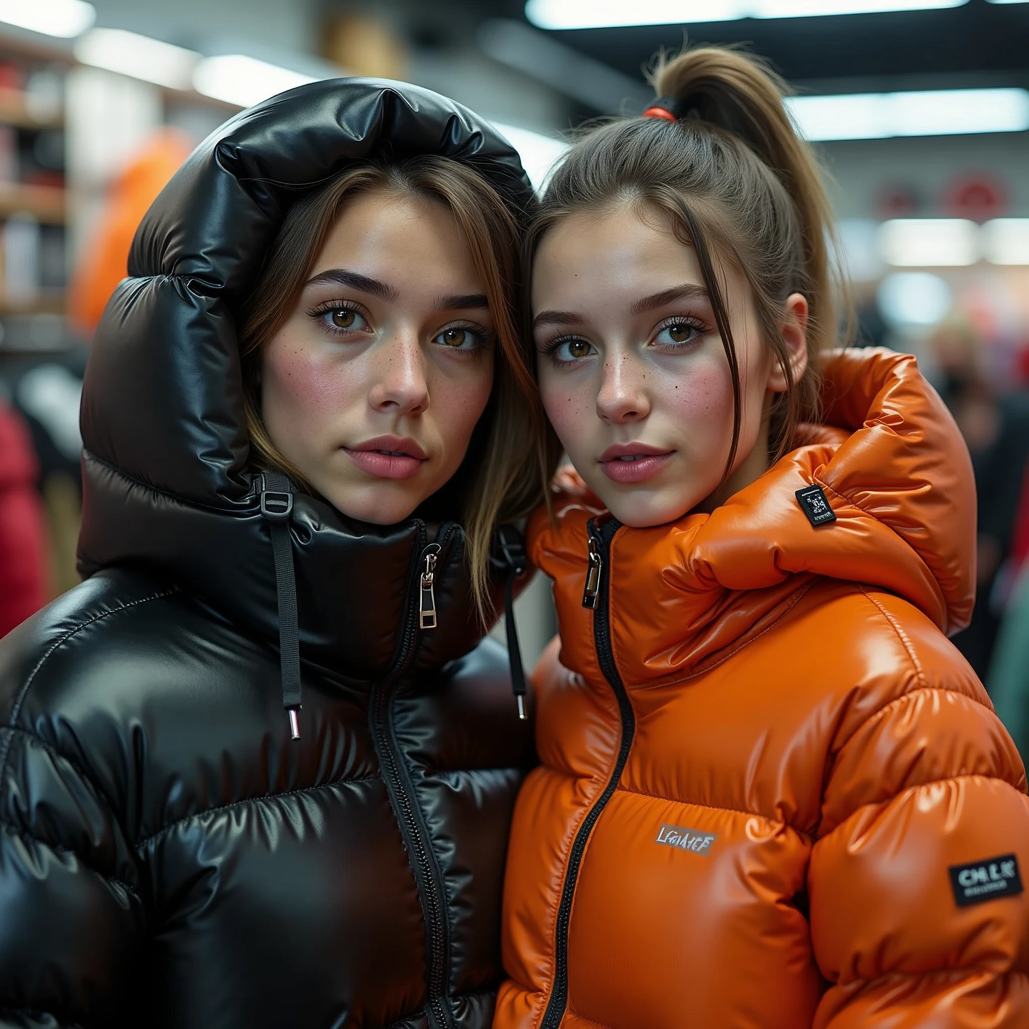 a slim ponytail girl and her bestie standing in a pufferstore,beautiful detailed eyes,beautiful freckles,beautiful detailed lips,extremely detailed eyes and face,longeyelashes, wearing beautiful detailed hooded formfitting pyrenex overfilled shiny super gleamy super thick glossy puffer jacket covering her super padded skisuit,latex leggings,symmetrical,masterpiece,cinematic,lifelike,hyperrealistic,8k,photorealistic,highly detailed,intricate,exquisite,elegant,beautiful,stunning