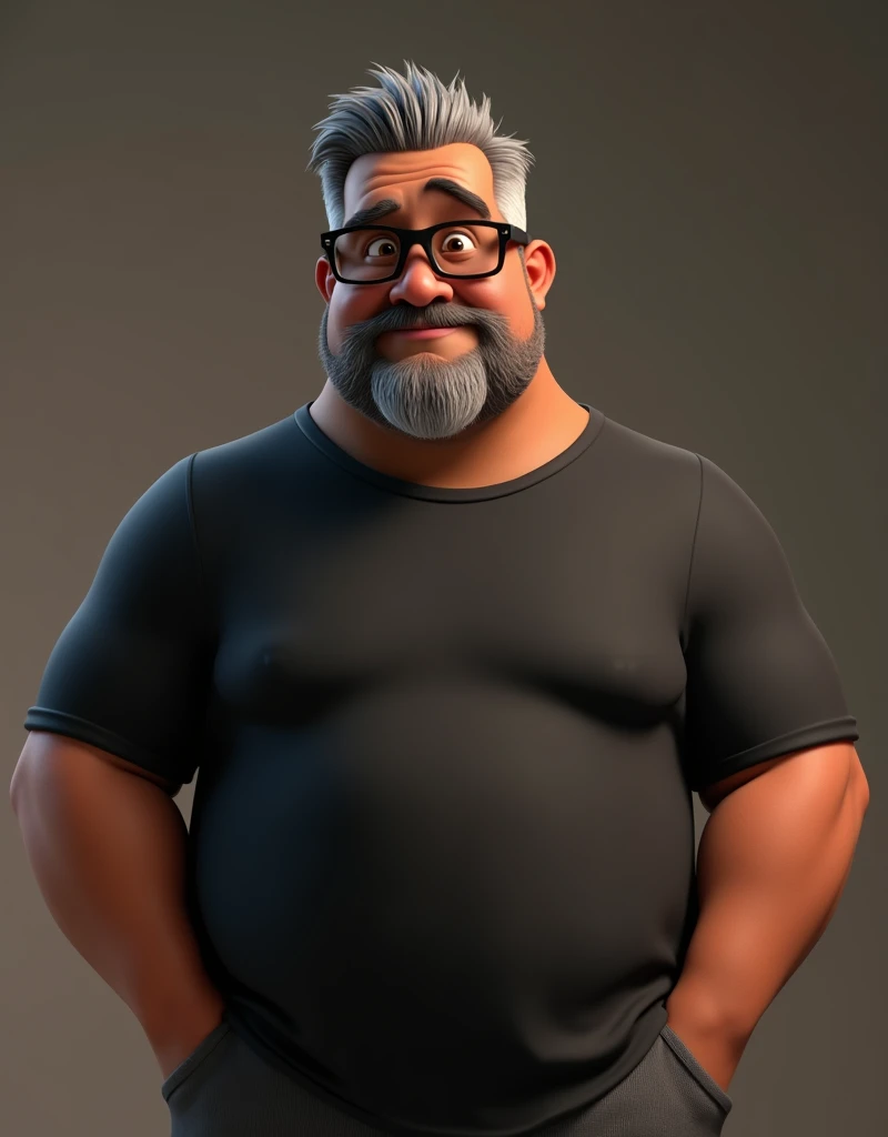 Cartoon character of a middle-aged black man with very short hair, wearing black glasses. Stylized character, animation-style rendering, 3D stylized rendering, Arnold Maya render, 3D stylized render, toon Keyshot render, 3D character, 3D stylized rendering, cartoon character, character close-up, character pose, Pixar style, high quality, cinematic lighting, sharp focus, detailed texture, detailed skin, clay, bokeh, 8K. The man should have the following characteristics: A middle-aged man with a broad build and overweight, casually relaxed hands. His skin tone is dark brown with a warm undertone. He has only two prominent vertical wrinkles between his eyebrows. His beard is very short, trimmed, and sparse, with more white hairs on the chin and the rest being dark gray. His hair is gray, extremely short on top, styled to the right side, and shaved on the sides. He wears modern black glasses. His eyebrows are thick and well-defined, and his eyes are very dark brown, conveying warmth and friendliness. The man is dressed in an oversized black t-shirt and dark gray pants without a belt. Incorporate the following ancestry characteristics: 43% European (17% Iberian and 17% Western European, including Germany, France, and the Netherlands), 4% Sephardic Jewish, 3% Fennoscandian, less than 2% Balkan and Lapland and Volga-Ural, 41% from the Americas, 9% from the Middle East and Maghreb, and 7% from Africa.