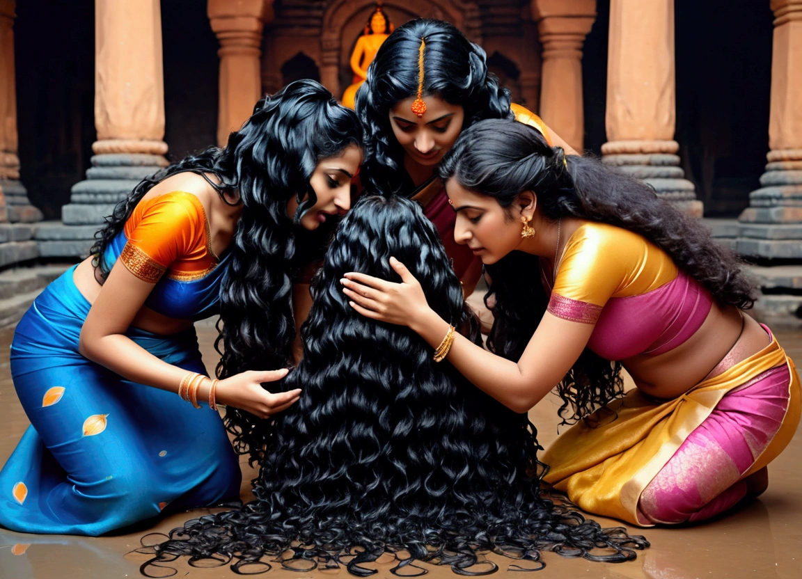 indian kali temple,three younger indian ladies in sarees,unnatural unreal wiered black 3c curly hairs like black springs,It is being coiled and coiled and coiled amd millon times coiled hairs made up in salon exact looking like image prompt,Showered highly wet hairs,Drenched and absorbed oil in their hair,like hair flooded with 10000000000000000000000000000000000000000000 liters of oil and soaked in thier hair,hairs like water pulp,Those hairs got pulpted and makes extremely very thick hair curls like black springs on thier hairs,Their hairs got coiled with oilness,Shinning shinning and shinning like black mirrors stating big thick black springs,one lady kneeled down, other two bend over and licking head scalp of kneeled lady from behind, Like they raping kneeled lady' head scalp with kissing wildly