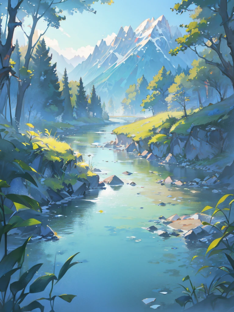 landscape, summer, Clear Stream, forest, unmanned, river, blue sky, Nobody, Distant Mountain々, HD detailed, Super detailed, movie, Hyperrealism, Soft Light, Deep Focus Bokeh, Ray Tracing, Hyperrealism. , アートステーション pixiv Gwise, Makoto Shinkai, ArtJam