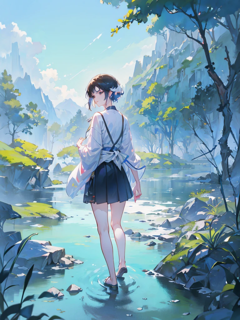 landscape, summer, Clear Stream, forest, unmanned, river, blue sky, Nobody, Distant Mountain々, HD detailed, Super detailed, movie, Hyperrealism, Soft Light, Deep Focus Bokeh, Ray Tracing, Hyperrealism. , アートステーション pixiv Gwise, Makoto Shinkai, ArtJam