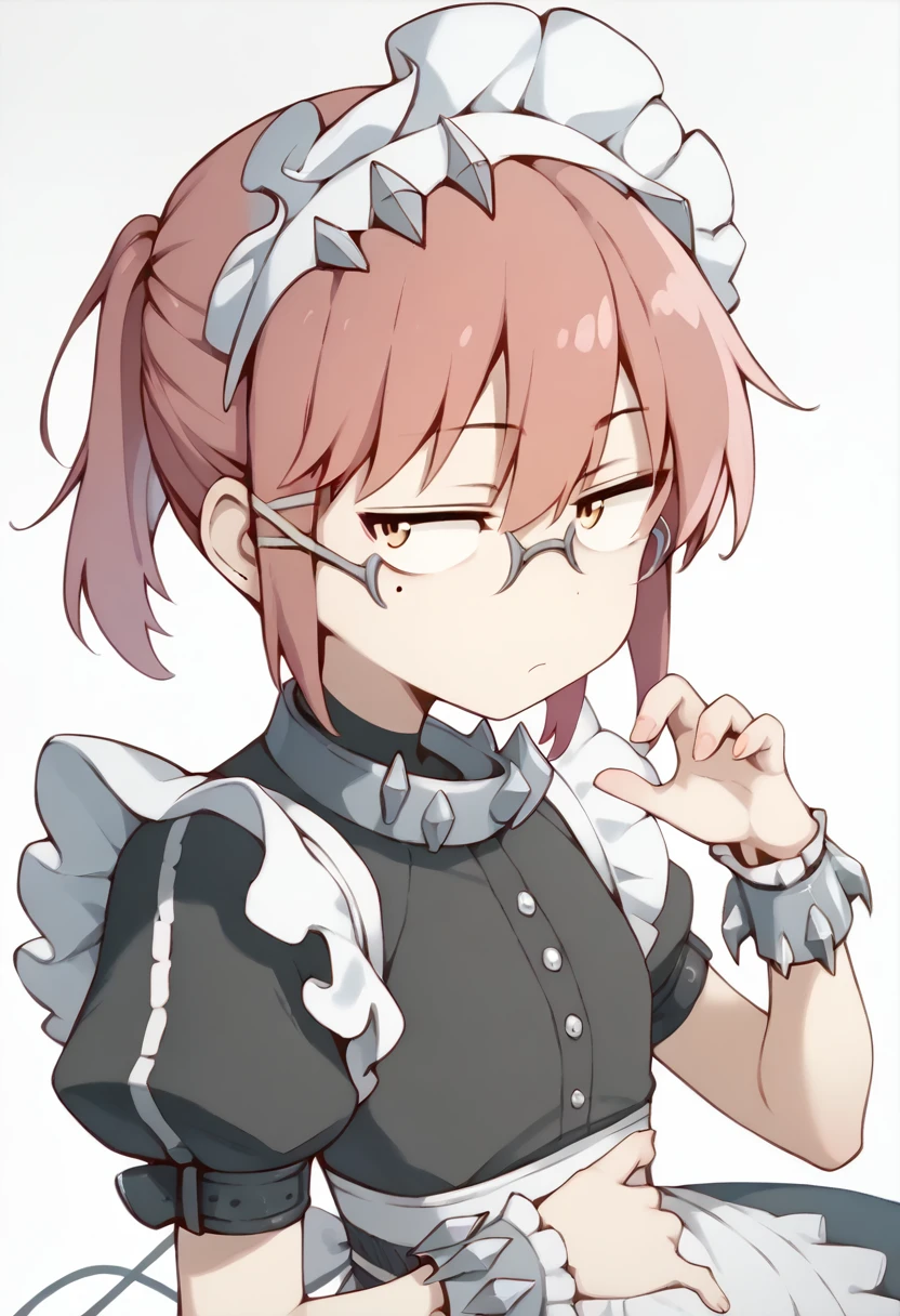 1girl,((Kobayashi, (Bust size very very small.)), (flat chest:1.2),)) ,maid_headdress,black_dress,wrist_cuffs,puffy_short_sleeves,mole_under_eye,frilled_dress,black_pantyhose,