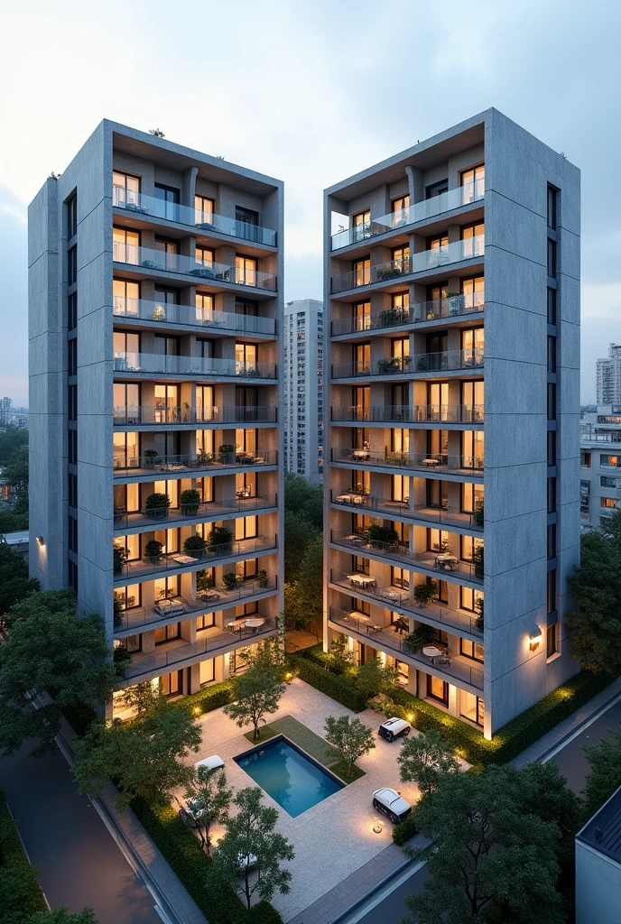 Two high-density residential buildings with common outdoor areas and balconies in an urban residential area with more floors, the building with more formal language