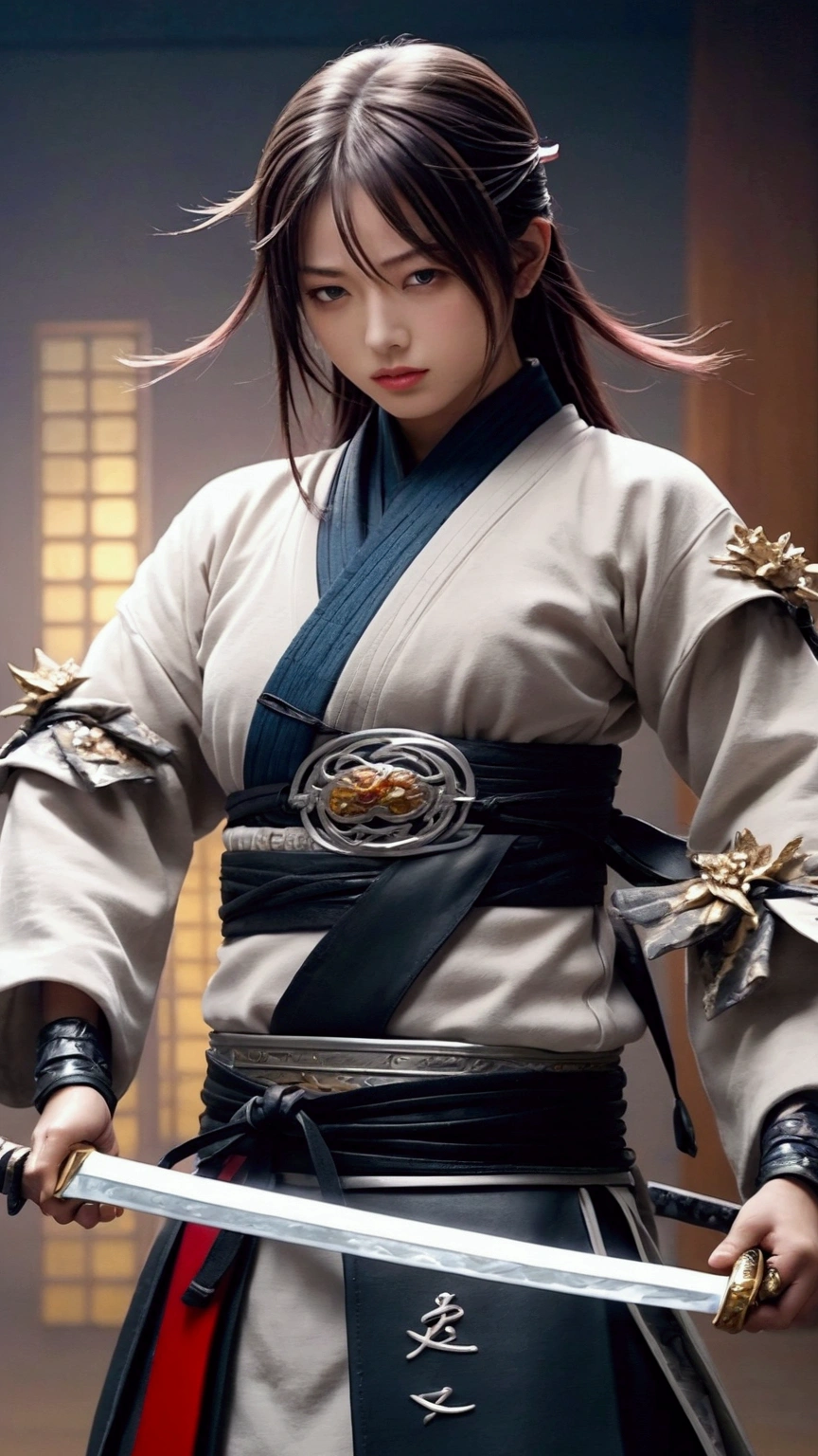 (Japanese sword &reference;Muramasa 2&reference;.2)Beautiful 27 year old woman、Japanese women、Tie your hair back、Hair ornament artist、Shinobi Costume、Warrior、Clear Eyes、{Arm tattoo(SakuraFubuki}'Back Tattoo、Warrior、(Japanese swordを両手で構える、1.3)(Japanese sword1.2)Intermediate position、In front of the body、(Holding a sword horizontally 1.3)、whole body、Long Blade Sword、Realistic battle scenes、敵Warriorの返りBlood、Blood、High resolution、Highest quality、Very detailed、8k、background、The castle is burning、Sparks fly、