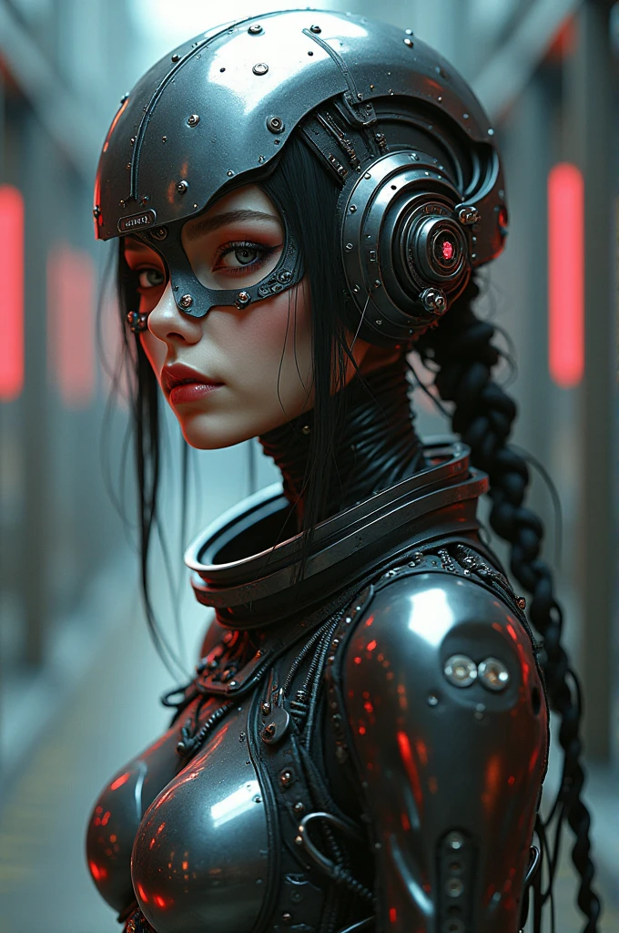 PROMPT: this woman with metal and iron jewelry is a cyber woman, in the style of andrzej sykut, jamie hewlett,, anime aesthetic, photo-realistic, neo-geo, gray and crimson, hyper-detailed, industrial angles, high detail --
ar 9:16-v 6.0