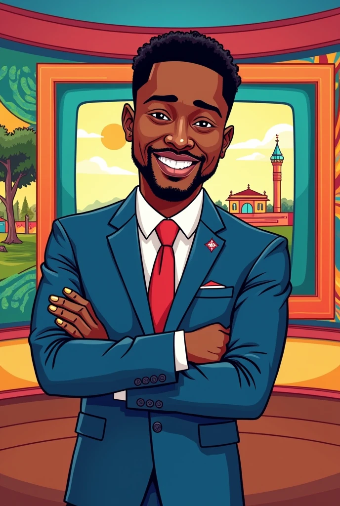 Create a cartoon
portrait picture of an African man presenting news in a chichewa Rhapsody of realities TV