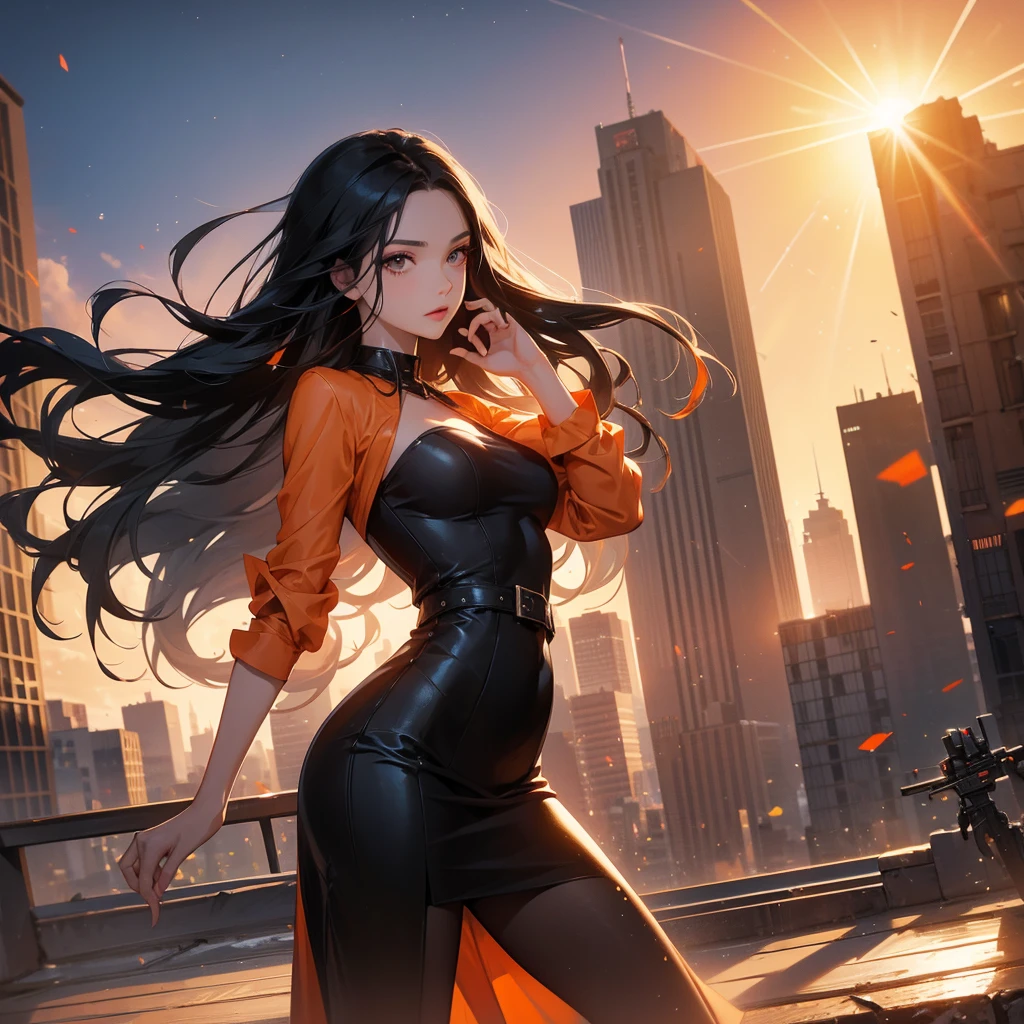 a beautiful woman with long black hair, wearing a tight orange dress, standing holding a pistol, aiming the barrel at the bad guys, on a tall building, the sun is setting.