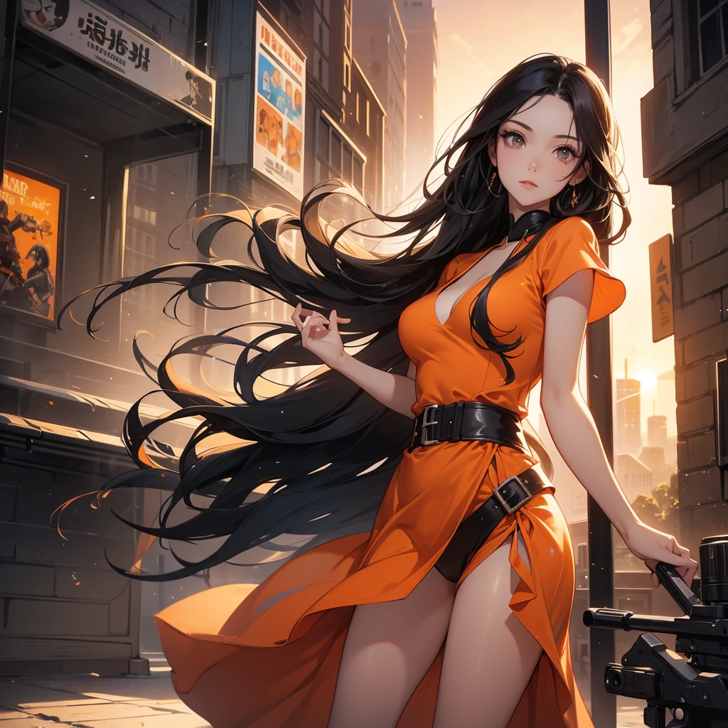 a beautiful woman with long black hair, wearing a tight orange dress, standing holding a pistol, aiming the barrel at the bad guys, on a tall building, the sun is setting.