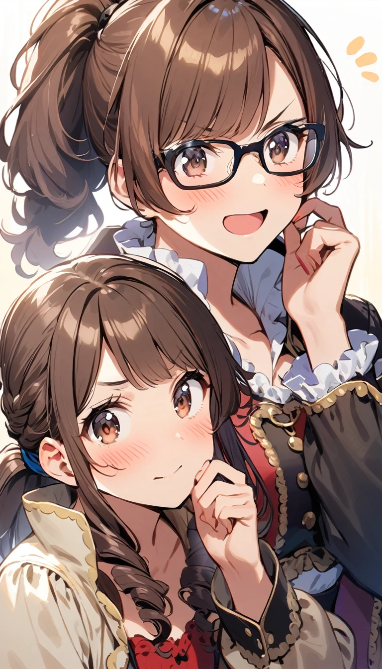 2girl,pirate girls,talking,short brown hair,pony tail,glasses,brown eyes,pirate,shot hair,curly