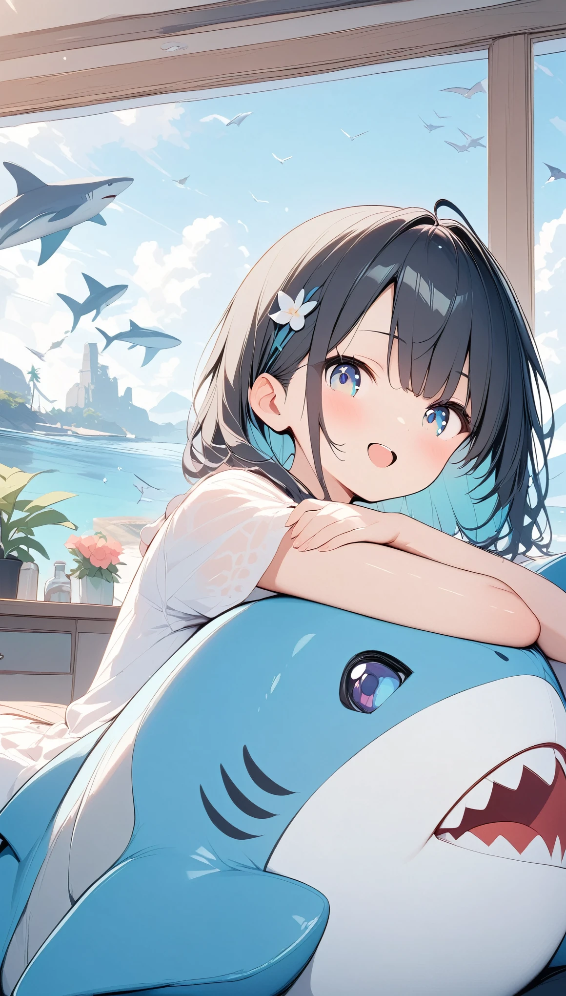 pale colour,((Amazingly absurd)),超High resolution, Attention to detail, high quality, High resolution, 最high quality, 4K, 8k, Hug a stuffed shark、cute、Black Hair、Shortcuts、Aquarium Background