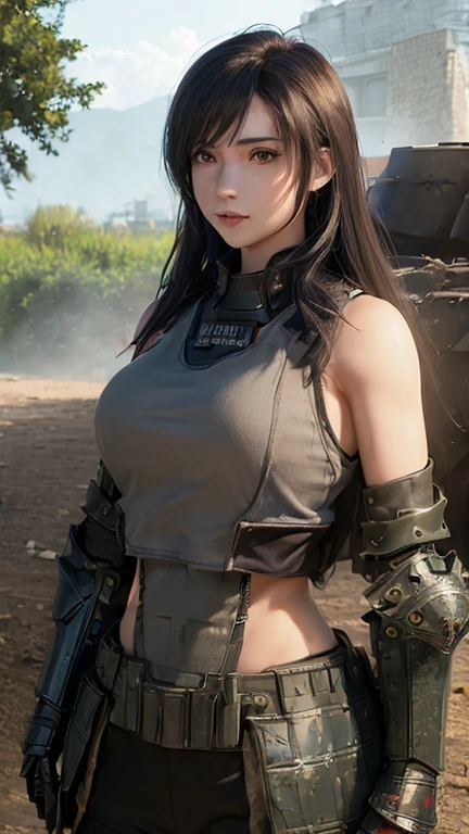 ((Armored tank, tank:1.3)), beautiful woman in military uniform next to tank,(Woman in military uniform)