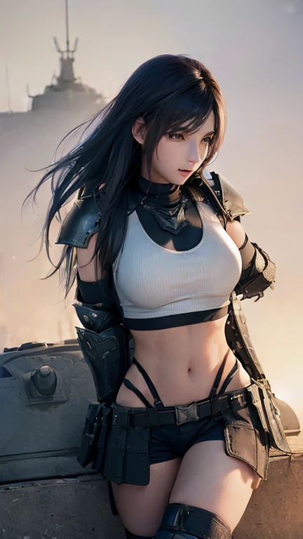 ((Armored tank, tank:1.3)), beautiful woman in military uniform next to tank,(Woman in military uniform)