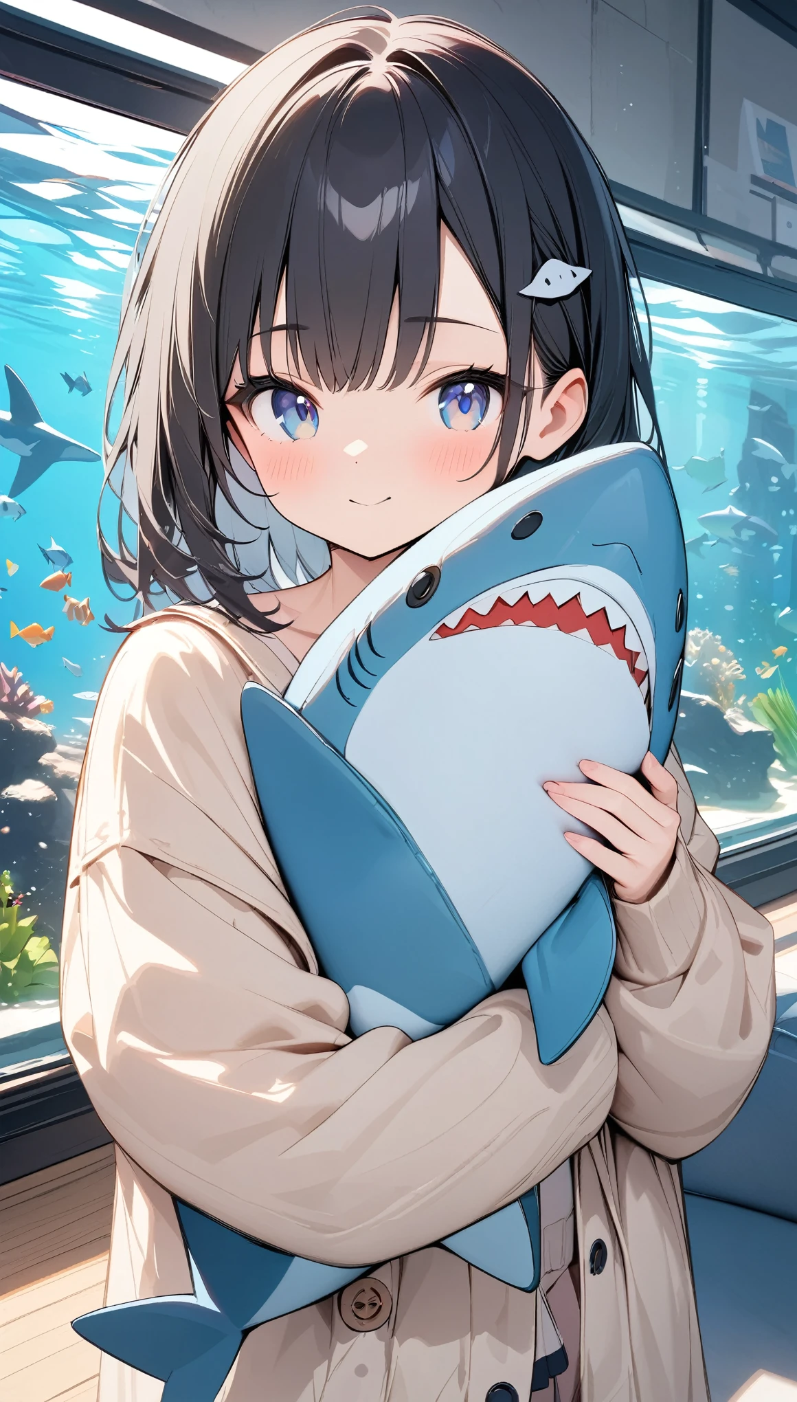 pale colour,((Amazingly absurd)),超High resolution, Attention to detail, high quality, High resolution, 最high quality, 4K, 8k, Hug a stuffed shark、cute、Black Hair、Shortcuts、Aquarium Background