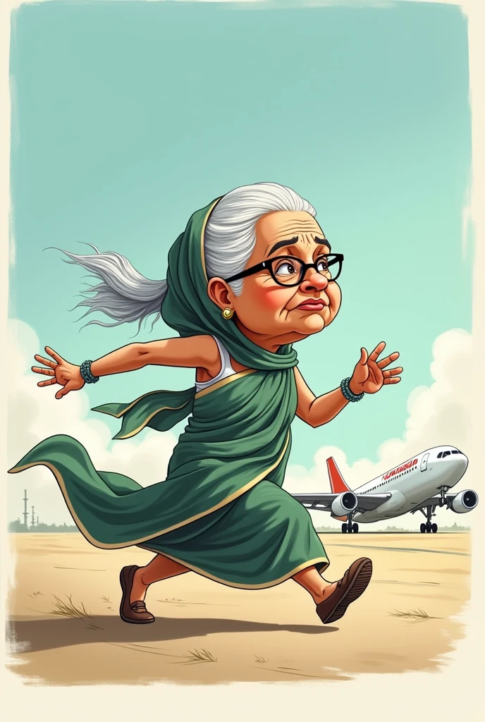 sheikha hasina running towards plane,,grey and white hair,,wearing a saree,,in a hurry,,feared and worried expression,,cartoon,,with a big head and big nse,,wearing glasses,,running,,saree on her head,,fat
left side profile