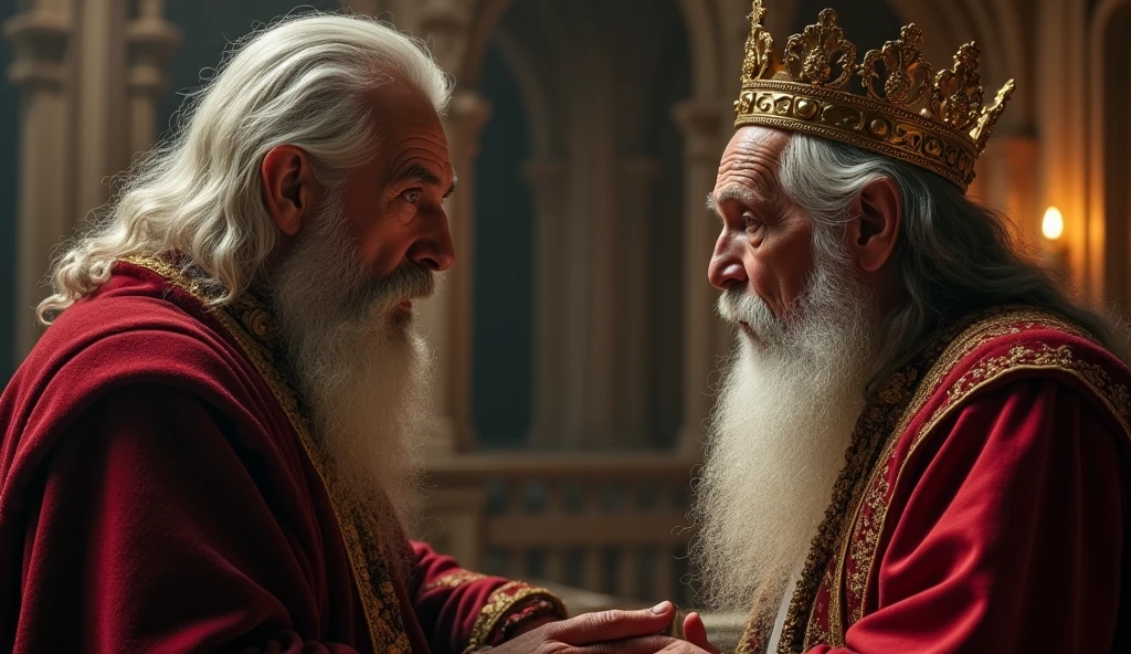 A king's palace, in which an old magician is talking to the king. The magician's face shows fatigue and experience, while the king is listening to him attentively.