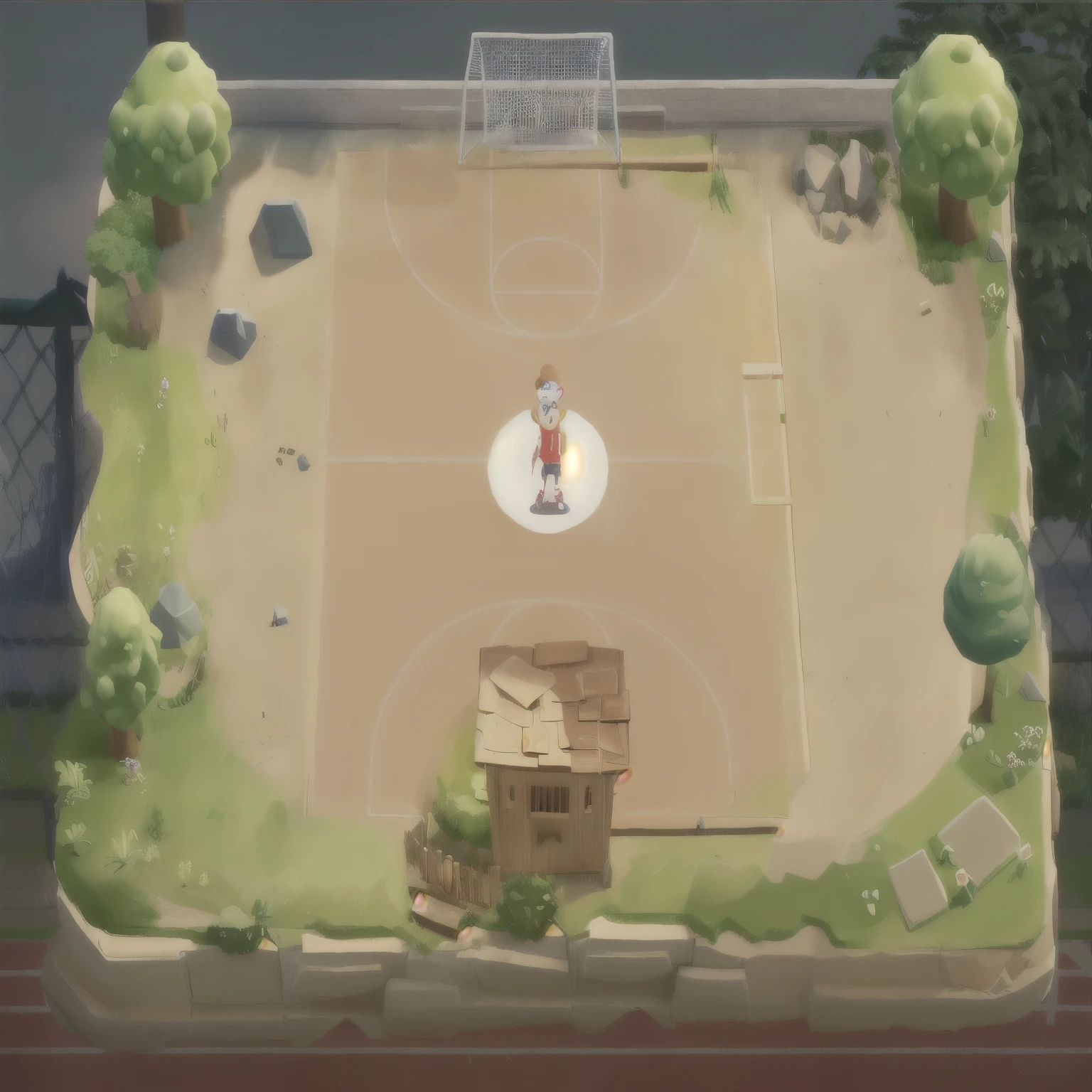 There is a cake in the shape of a basketball court，, Volleyball court background, Game Concept, In game graphics, Stylized game art, Stylized digital illustration, in the game, in the game, Aerial Shooting, mobile game asset, Champion of dribbling competition, Screenshots, game illustration, Ultra-detailed scenes, Detailed screenshots, Arena Background