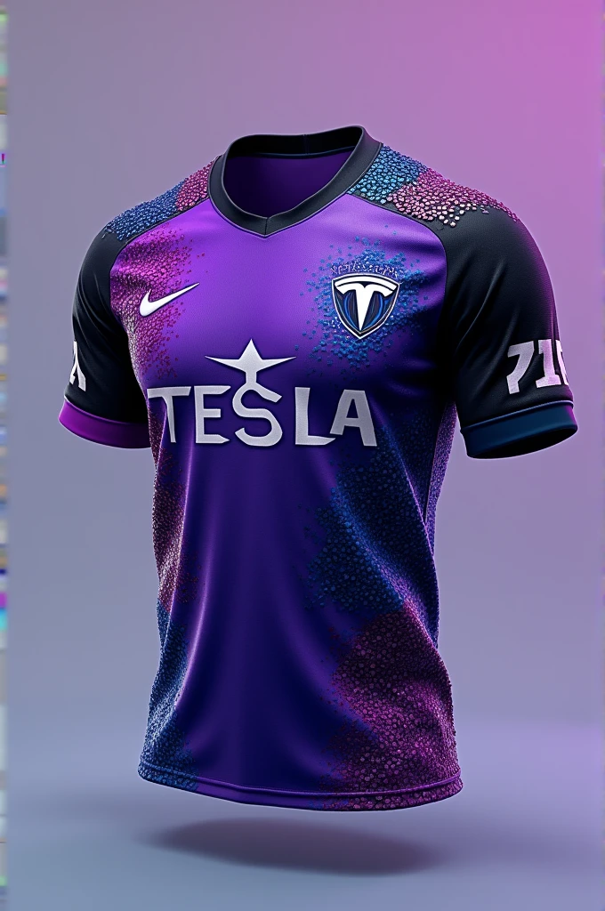 Team Bervij jersey , with purple color and black sleeves, TESLA should be written in the middle of the jersey as a sponsor, it should have sequins in dark blue, purple, and lilac colors