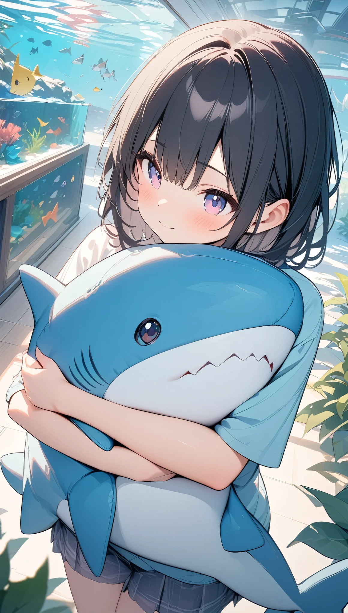 pale colour,((Amazingly absurd)),超High resolution, Attention to detail, high quality, High resolution, 最high quality, 4K, 8k, Hug a stuffed shark、cute、Black Hair、Shortcuts、Aquarium Background