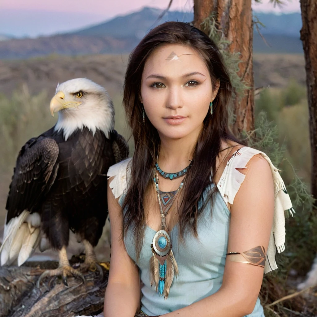 (grainy:0.5), cinematic, beautiful girls 25 year old native american,fantasy,(solo:1.3), detailed brown eyes, detailed face, detailed native american sexy clothing, volumetric lighting, dusk, extremely detailed background, standing next to tree and mountain, smiling, half closed brown eyes, tilted head, from side, sitting next to her Bald Eagle