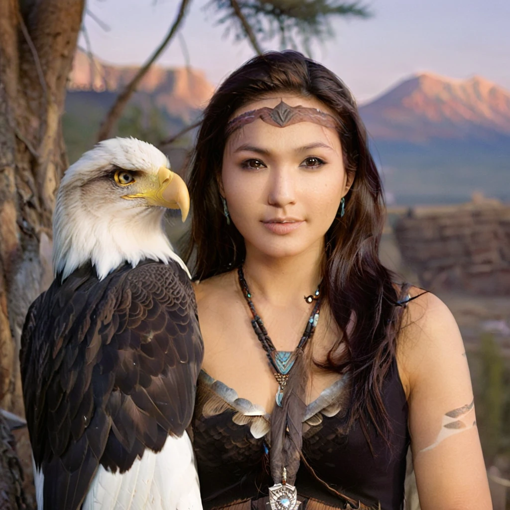 (grainy:0.5), cinematic, beautiful girls 25 year old native american,fantasy,(solo:1.3), detailed brown eyes, detailed face, detailed native american sexy clothing, volumetric lighting, dusk, extremely detailed background, standing next to tree and mountain, smiling, half closed brown eyes, tilted head, from side, sitting next to her Bald Eagle