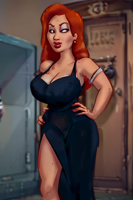 high qualiy,Ultra quality 8k, ultra 4k,work of art, hair orange, A tall woman, long , One eye is hidden by hair, dark purple eyeshadow , red lipgloss stick, Detailed photos, Beauthfull, attractive body, perfect anatomy of the human body, Jessica Coelho, anatomia correta Bodysuits, bright red long dress, Dresses with slits to the waist, Shiny red sequin dress, perfect facial balance, long eyelashes, sexy eyebrows, side look, long shoulders, Stand proudly, breasts big, Hands on waist, Look suave e sexy, The background is a black and white movie set.