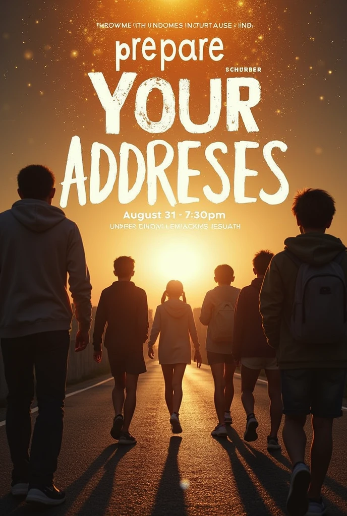 I need to create an advertisement for a youth gathering. As a title I.D.D.p.m.I. NEW ADDRESSES,which will be held on August 31st at 7:30 pm , making an invitation to all youth. where the first thing is to highlight the name of our Lord Jesus Christ. Under the Motto : prepare your heart