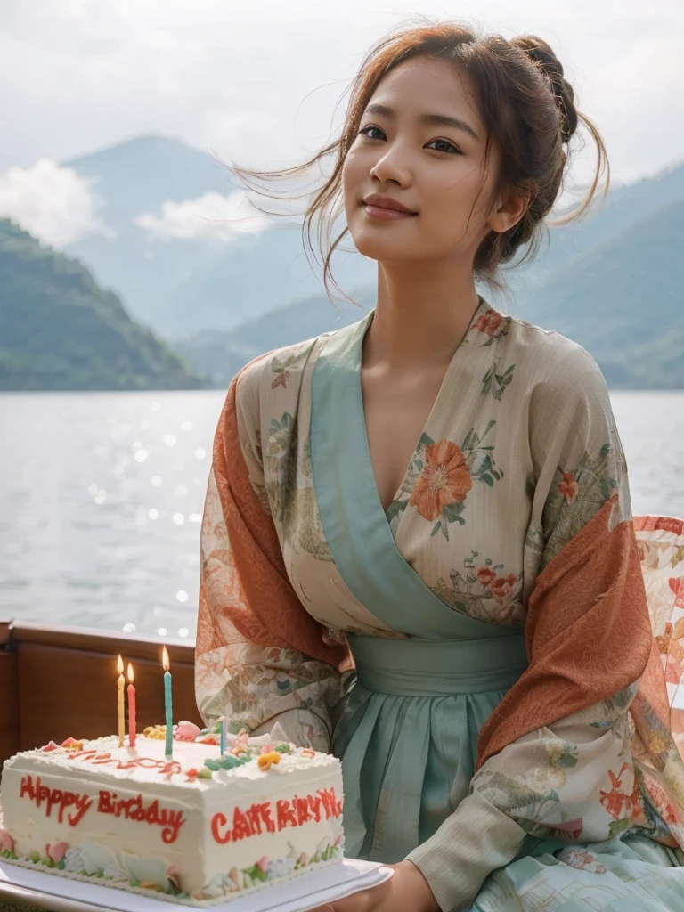 photography of Korean woman, hair tied back, slightly fat, facing the camera, wearing a dress mixed with light green and floral patterned pings, thin sleeves loose like an orange and red shawl. the person must be positioned in such a way that it shows movement, sitting on a boat holding a birthday cake that says "Happy birthday CATHELYA" correct spelling, on a beautiful Danu with a backdrop of mountains and hills, at first glance it looks like Lake Toba, South Sumatra, healing smile